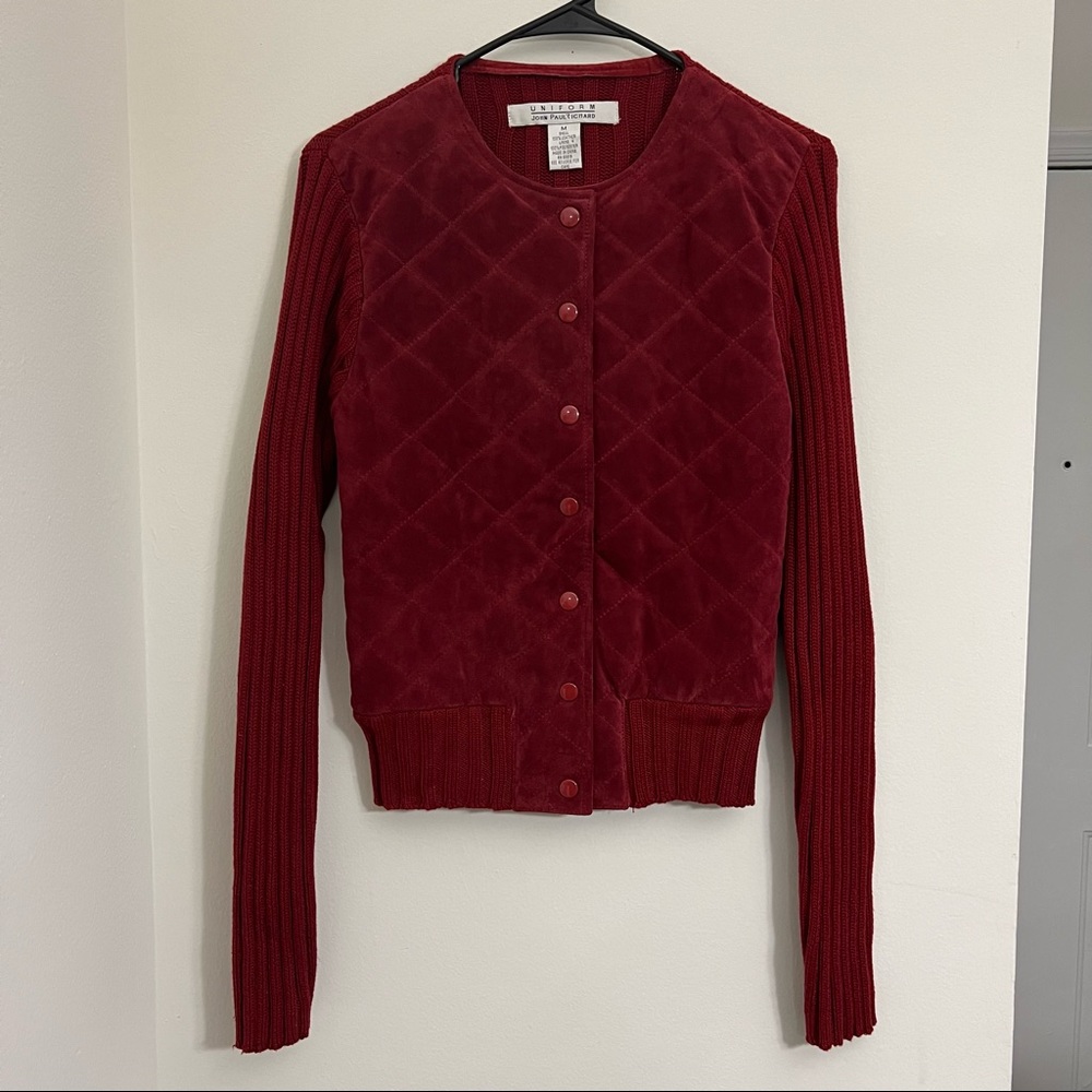 John Paul Richard Leather Outer Shell Sweater Jacket -Red